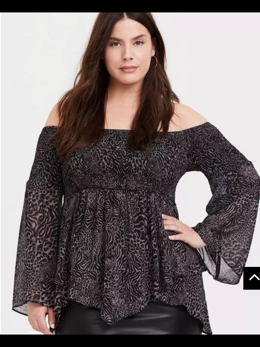 Torrid Babydoll Chiffon Off-Shoulder Animal Print Blouse in Black. Size XL